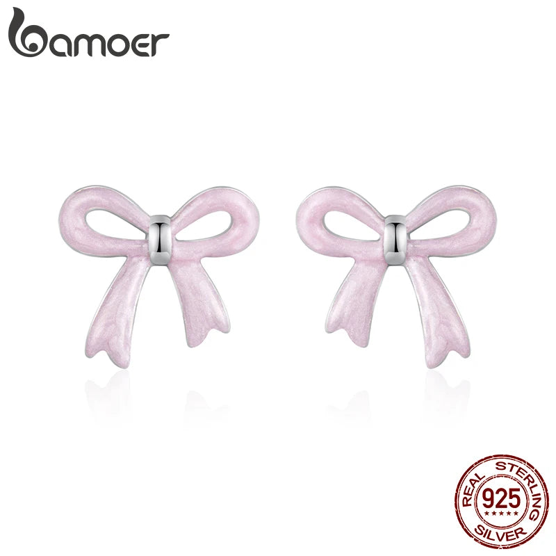 BAMOER 925 Sterling Silver Enamel Pink Bow Stud Earrings Cute Bowknot Earrings for Young Women Girl Sweet Jewelry Gift Lovely