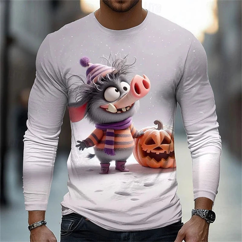 Halloween Men's Animal Cat 3D T-shirt Long-sleeved Men's Round-neck Shirt Fashionable Street Casual Daily Autumn Clothing