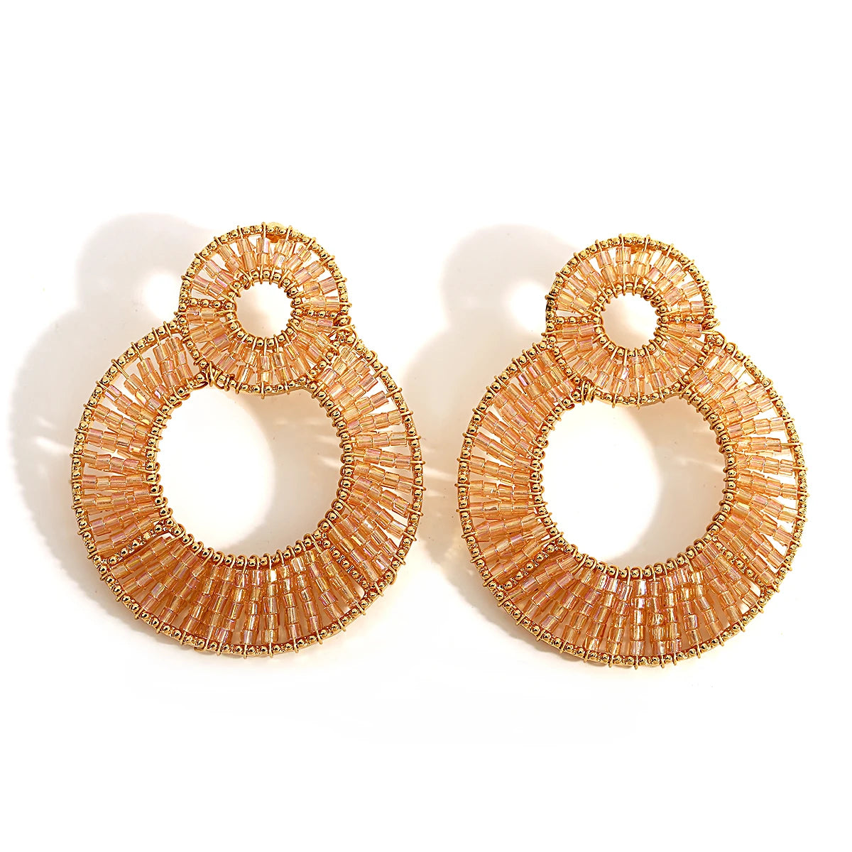 AENSOA Luxury Colorful Crystal Beaded Double Round Drop Earrings for Women Gold Color Metal Dangle Earrings Handmade Jewelry