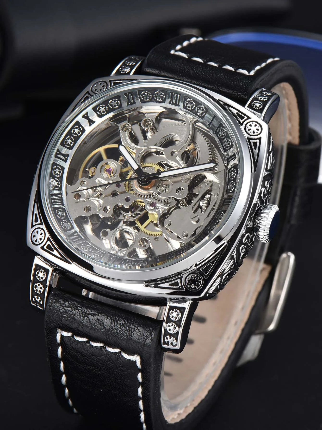 automatic watch retro style wholesale mechanical wristwatches skeleton carve waterproof leather no logo mens watch