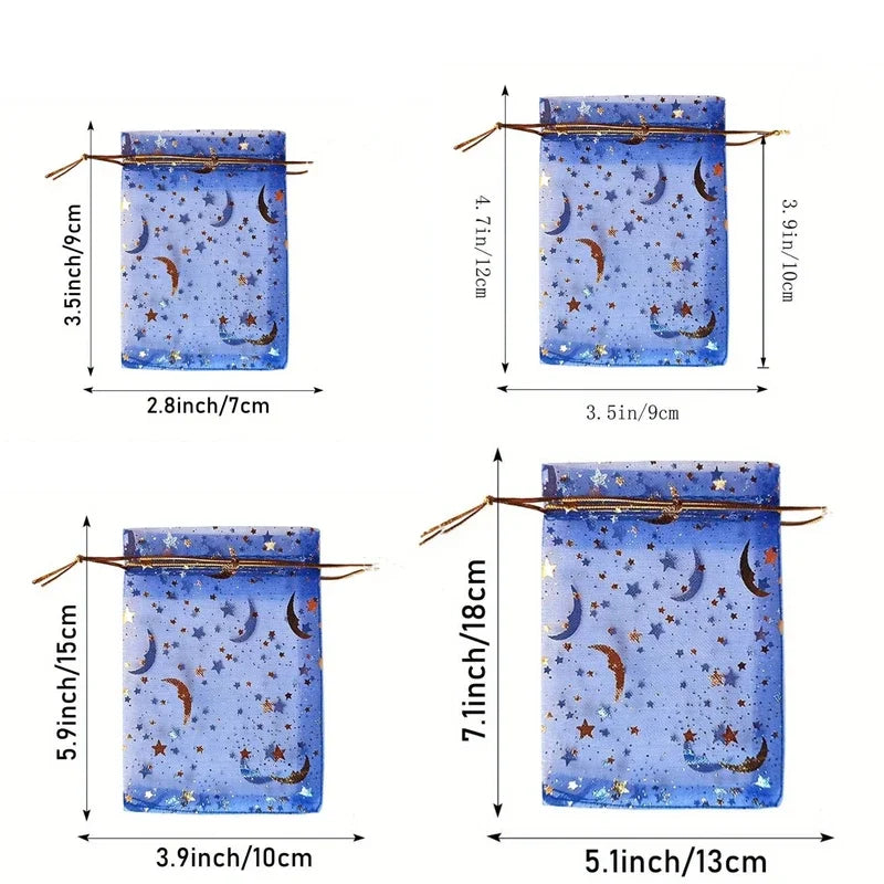 50 Stück Organzabeutel mit Mond- und Sternmotiv, Kordelzug, Schmuck-Geschenkbeutel, Beutel, goldene Sterne, Organza-Geschenkbeutel für Weihnachten und Hochzeiten