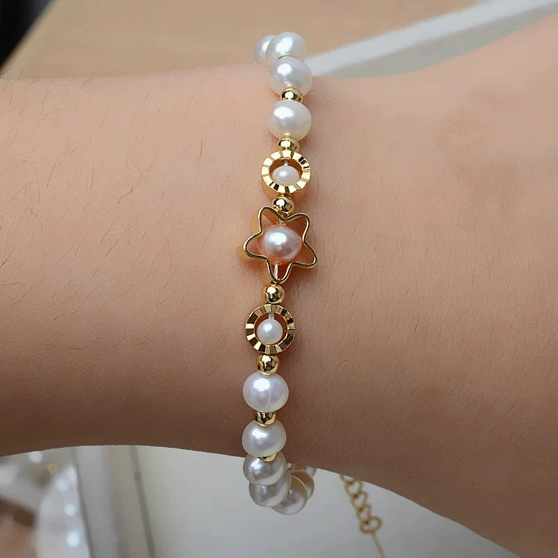 14K Gold Plated  Real Natural Freshwater Pearl Fashion Bracelet Ladies Elegant Bracelet Jewelry Girlfriend Birthday Wedding Gift