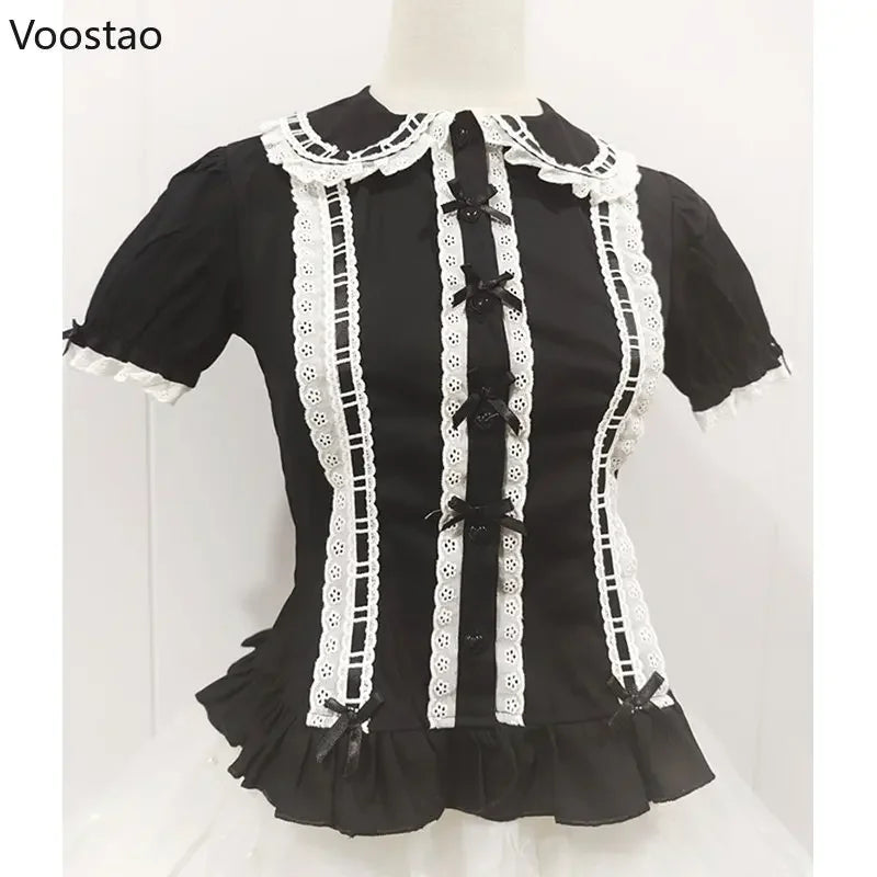 Lolita Shirt Women Preppy Style Bow Slim Blouses Cute Peter Pan Collar Lace Ruffles JK Shirts Girl Puff Sleeve Blusas Mujer Tops - Madeinsea©