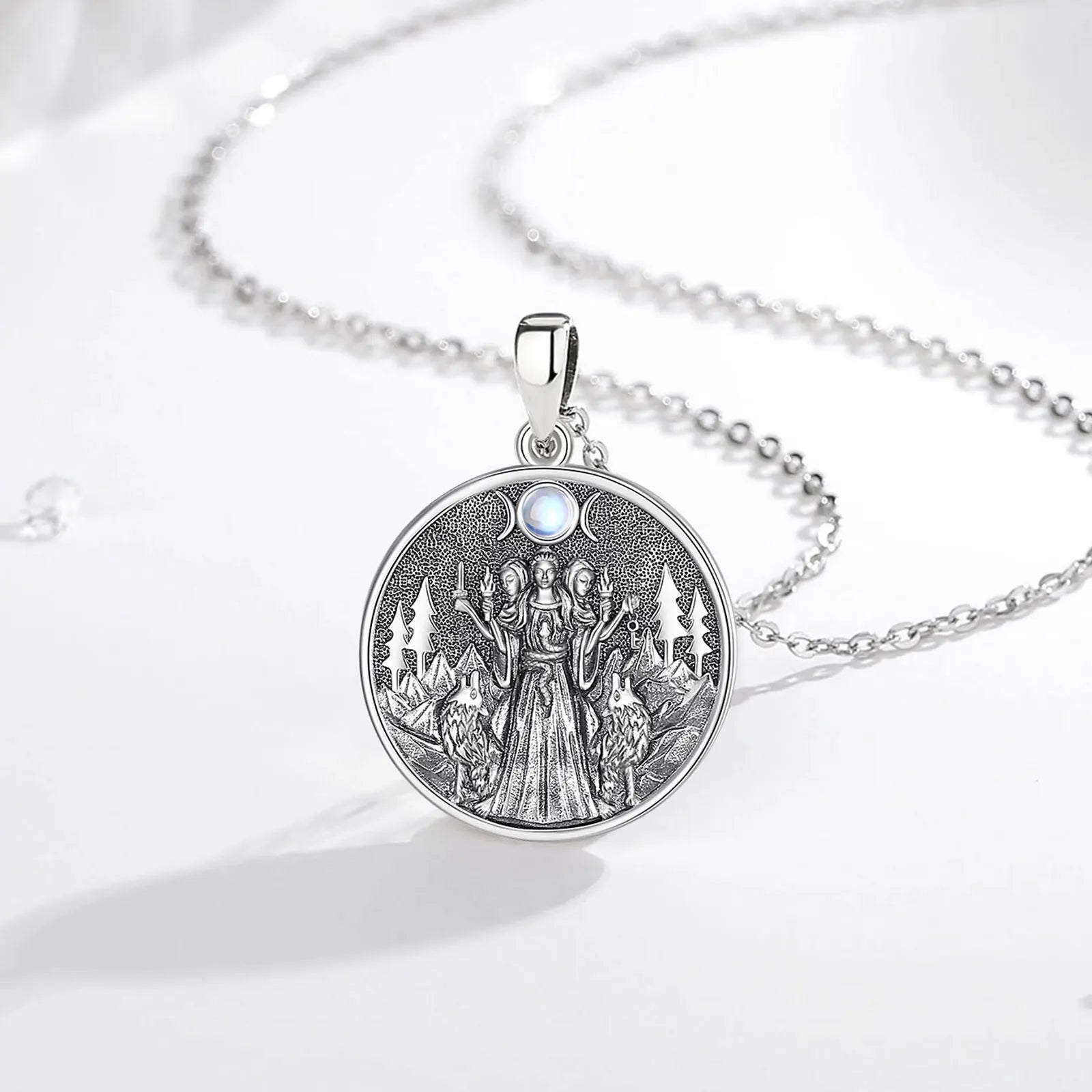 Eudora 925 Sterling Silver Hecate Dog Necklace Triple Moon Goddess Amulet Pendant Moonstone Triple Goddess Jewelry Women Gift