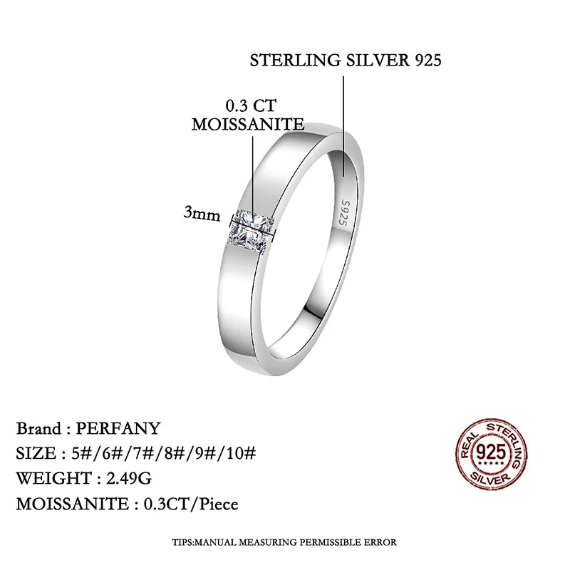 PERFANY 0.3CT Princess Square Cut Moissanite Ring for Men and Women S925 Pure Silver Laboratory Diamond Couple Wedding Jewelry