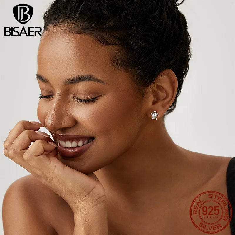 BISAER 925 Sterling Silver Cute Mini Turtle Stud Earrings Stud Ear Hypoallergenic for Women Party Fine Jewelry Vacation Gifts