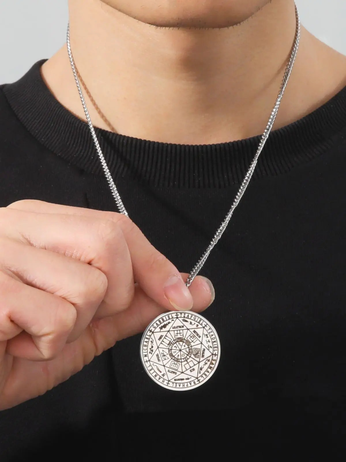 Dreamtimes Men's Necklace The Seal of The Seven Archangels Necklace Stainless Steel Round Male Pendant Jewelry Gifts Free Chain