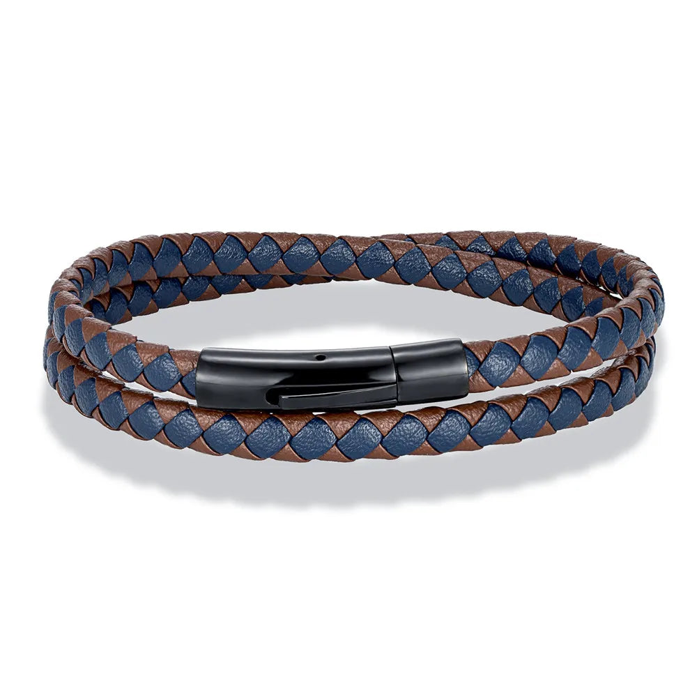 MKENDN Klassisches, schlichtes, blau-schwarzes geflochtenes Lederarmband für Herren und Damen, handgefertigt, gewebt, doppellagiges Design, Edelstahlschmuck