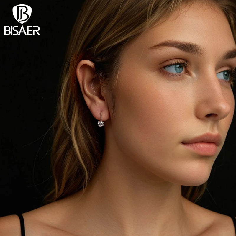 BISAER Platinum Plated Moissanite Flower Earrings 925 Sterling Silver for Women Round Cut Lab Diamond Wedding Fine Jewelry Gift