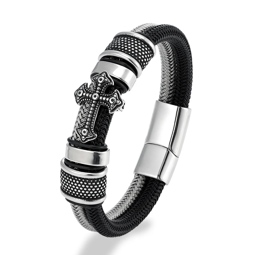 MKENDN Punk Rock Cross Double-layer Braid Steel Wore Rope Bracelet Classic Stainless Steel Bangles For Men Friend Gift