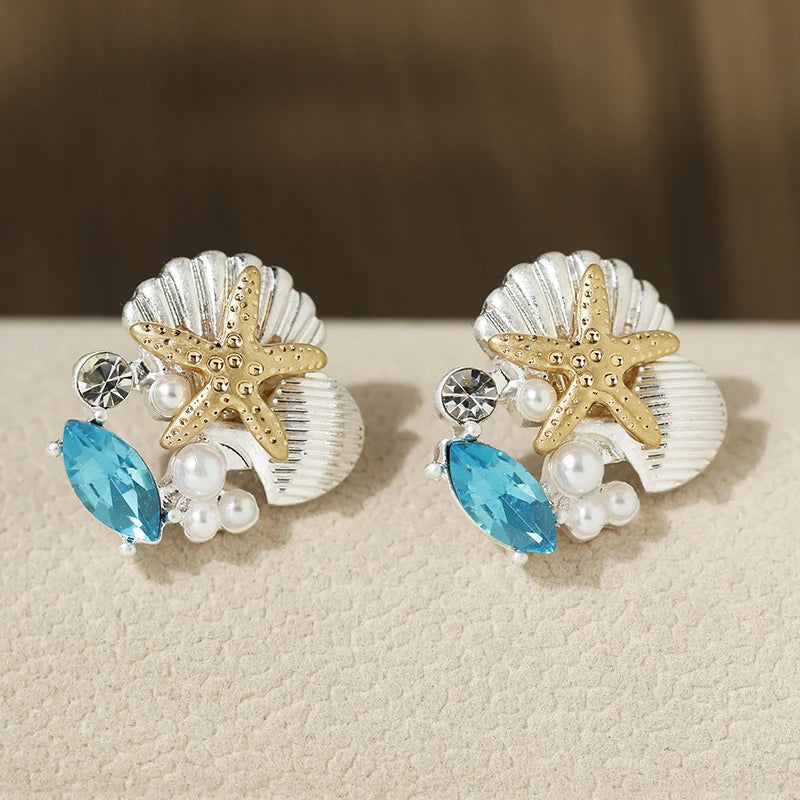 Delicate Blue Crystal Starfish Turtle Drop Earrings for Women Summer Vacation Metal Shell Sea Star Earring Jewelry Girl Gift