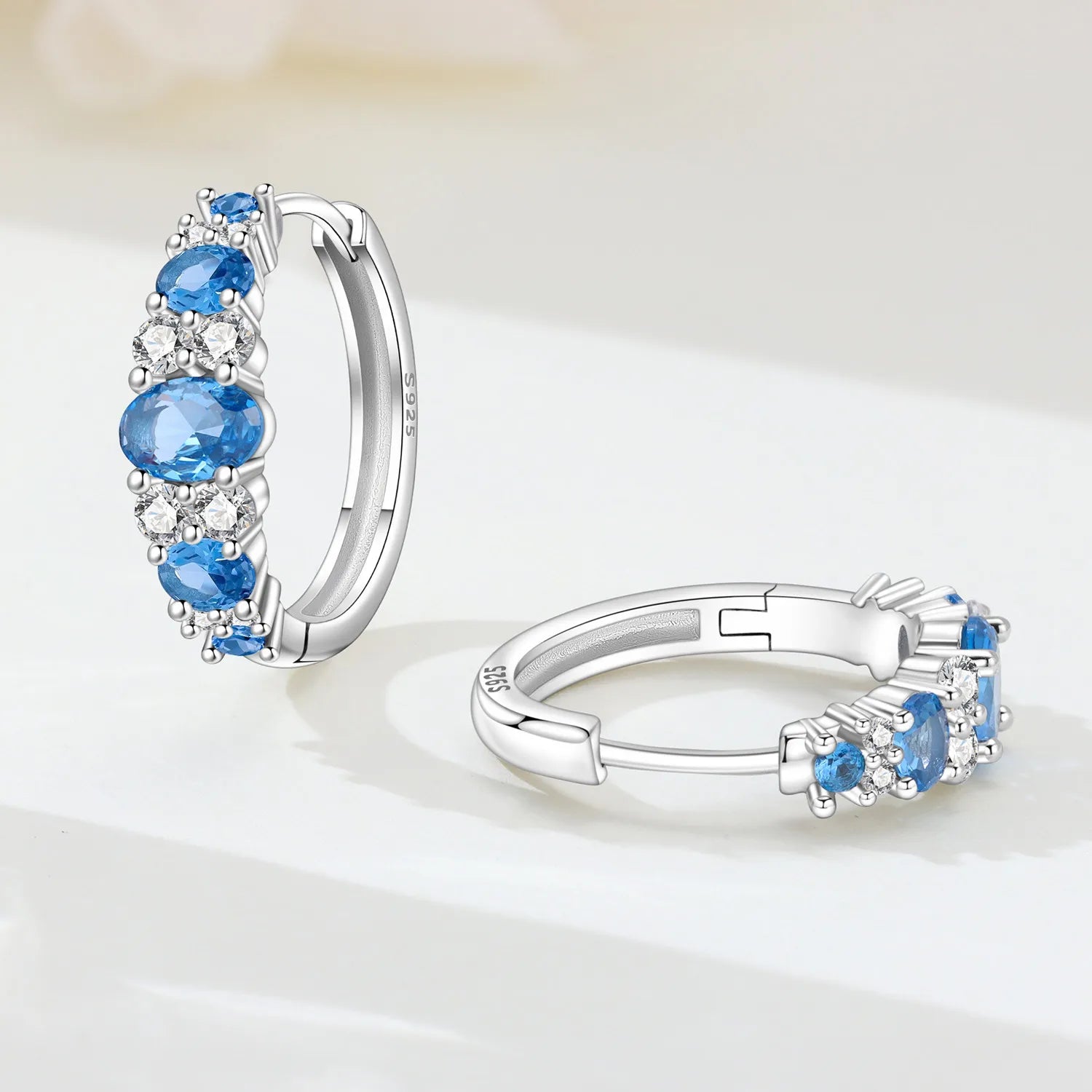 PANPOKI Original 925 Sterling Silver Blue Gradient Zircon Earrings Women Hoop Earring Anniversary Jewelry Trendy Gifts