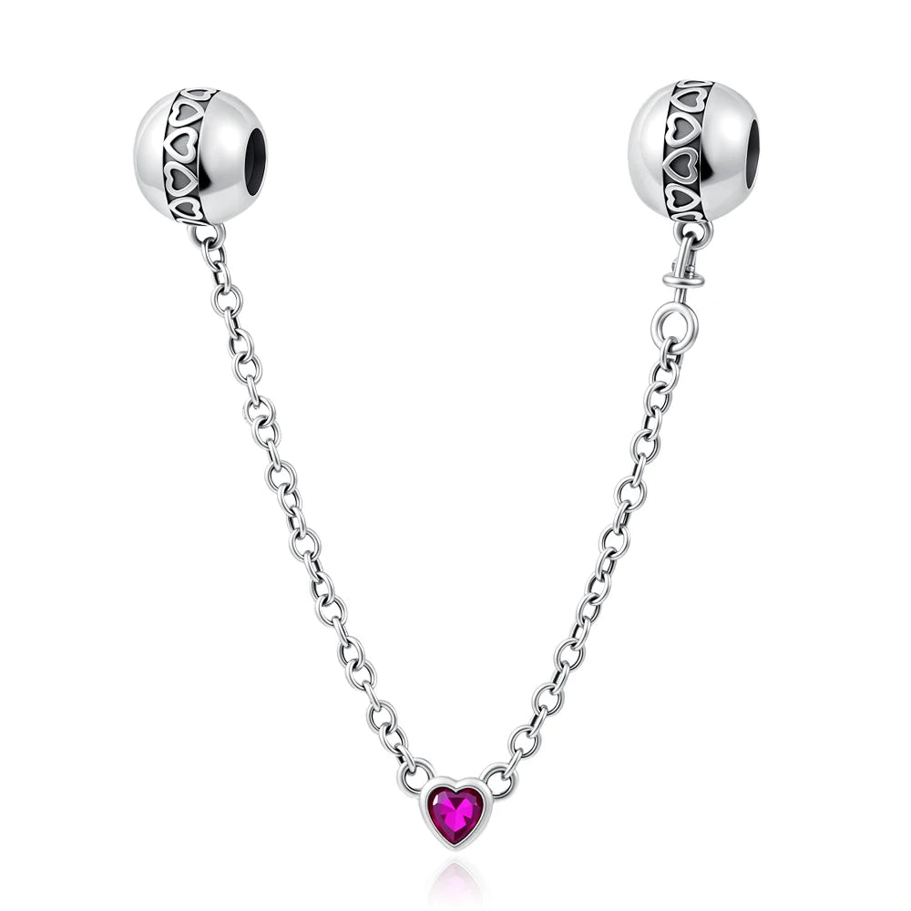 Silver 925 Sparkling Clear Sparkle Bow Stars Safety Chain Charm Bead Fit Original Pendant DIY Jewelry For Women