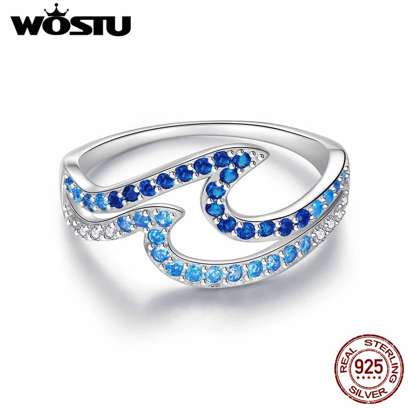 WOSTU Ringe aus echtem 925er Sterlingsilber mit Wellenmuster, elegantem, stapelbarem Statement-Ring im Ozeanwellen-Design mit blauem Zirkonia-Farbverlauf für Damen