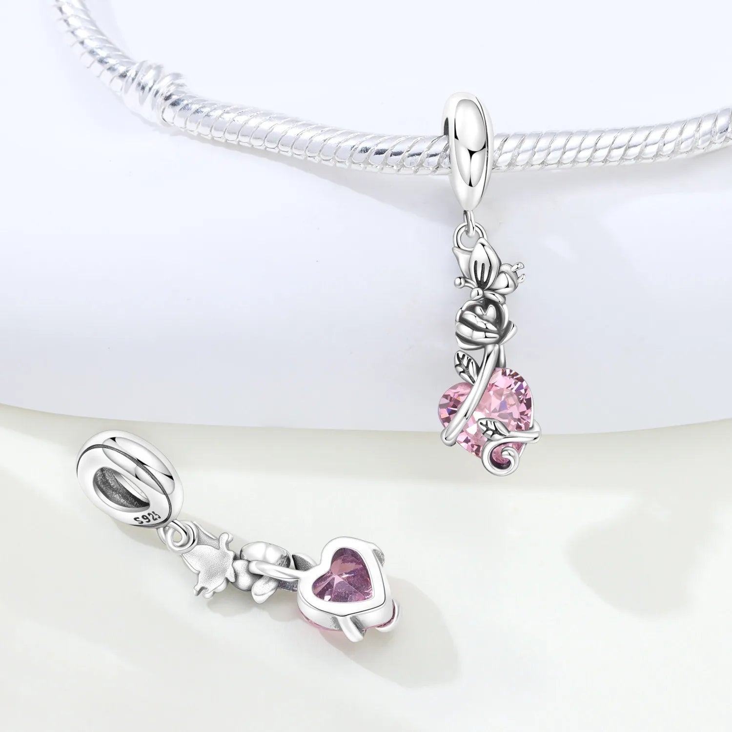 PANPOKI 925 Sterling Silver Butterfly Rose Love Zircon Beads Original Pendants Bracelet Charm Jewelry Party DIY Trendy Gifts