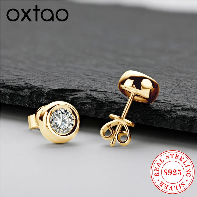OXTAO 5mm 6.5mm Round Stud Earrings Real 925 Silver Moissanite Bezel Setting Simple Bubble Earrings Fashion Wedding Jewelry Gift