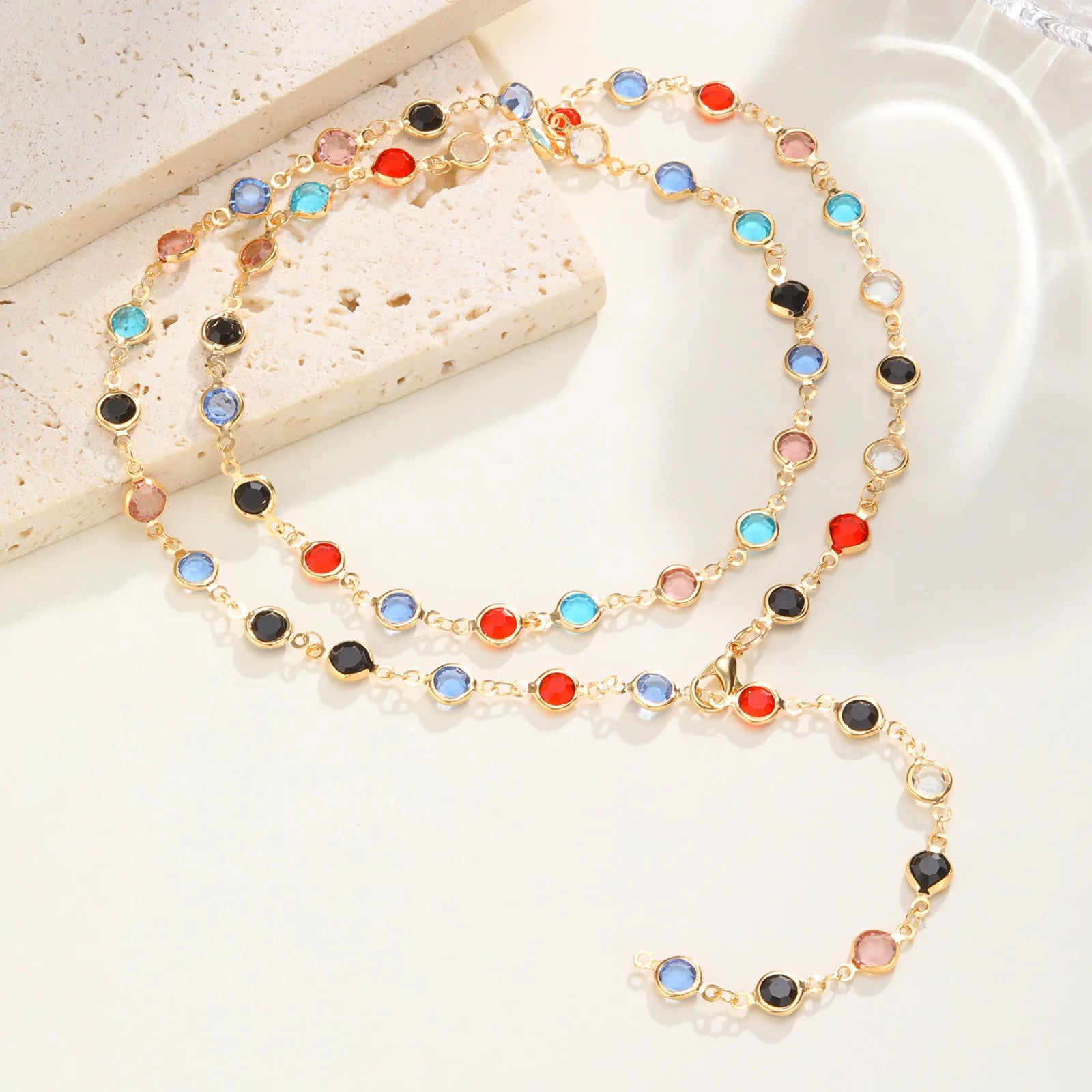 Vnox Dainty Colorful Glass Long Y-shaped Necklace For Women Round Heart Accessories Chain Necklace Neck Jewelry Trendy Style