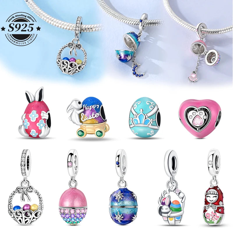 Fit Original 925 Sterling Silver Charms Beads Luminous Easter Egg Pink Baskets Charms for Women Fine DIY Birthday Jewelry Gifts