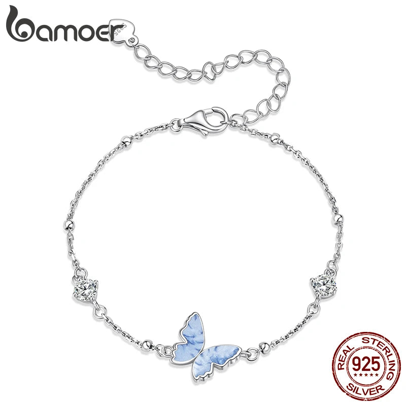 Bamoer 925 Sterling Silver Butterfly Charm Bracelet Lightweight CZ Beads Link Chain for Women Teens Gift Natural Wrist Decor