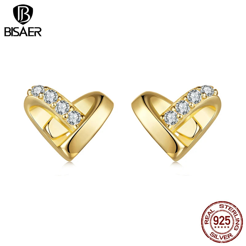 BISAER Heart Gold 18K Stud Earring,925 Sterling Silver Hypoallergenic Dainty Lightweight Studs Ear For Woman Party Fine Jewelry