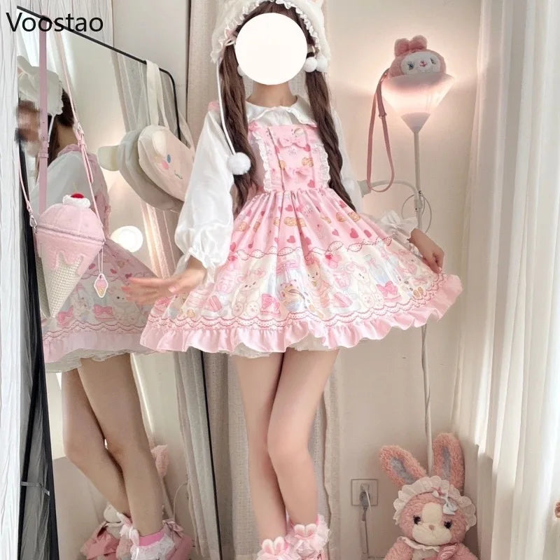 Japanese Sweet Lolita Jsk Dress Women Cute Cartoon Bear Print Bow Lace Ruffles Strap Dress Girls Kawaii Tea Party Princess Dress