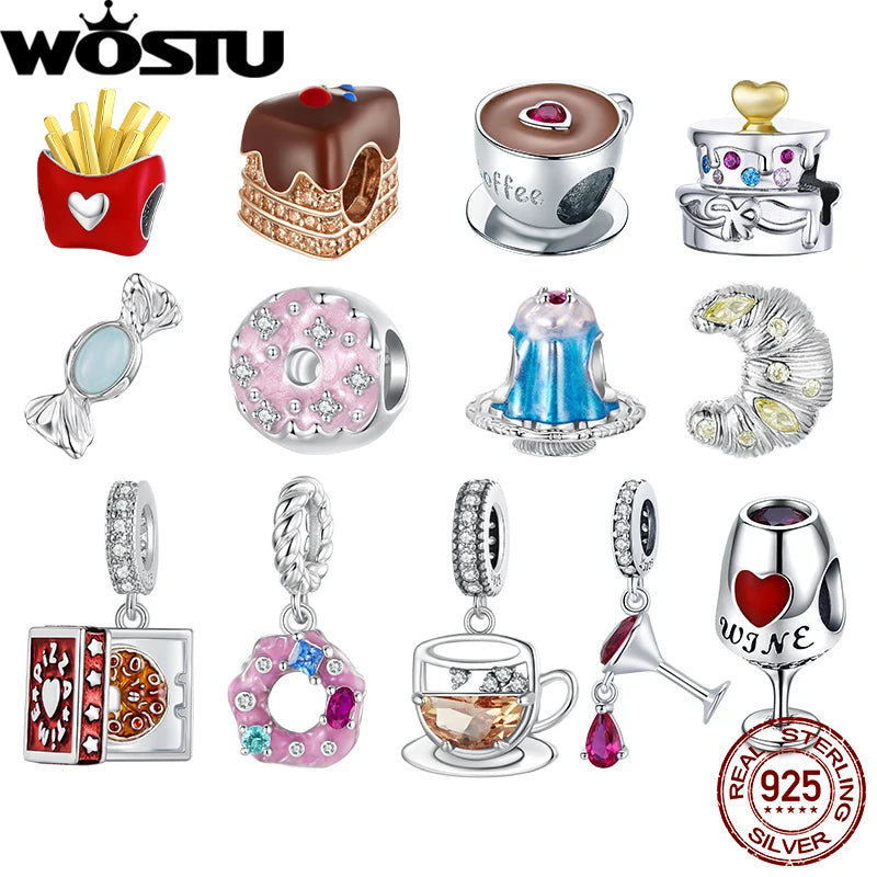 WOSTU 925 Sterling Silver Donut Pendant Sweet Candy Charm Pudding Food Cute Original Fit for Women Girl Bracelet Fine Jewelry