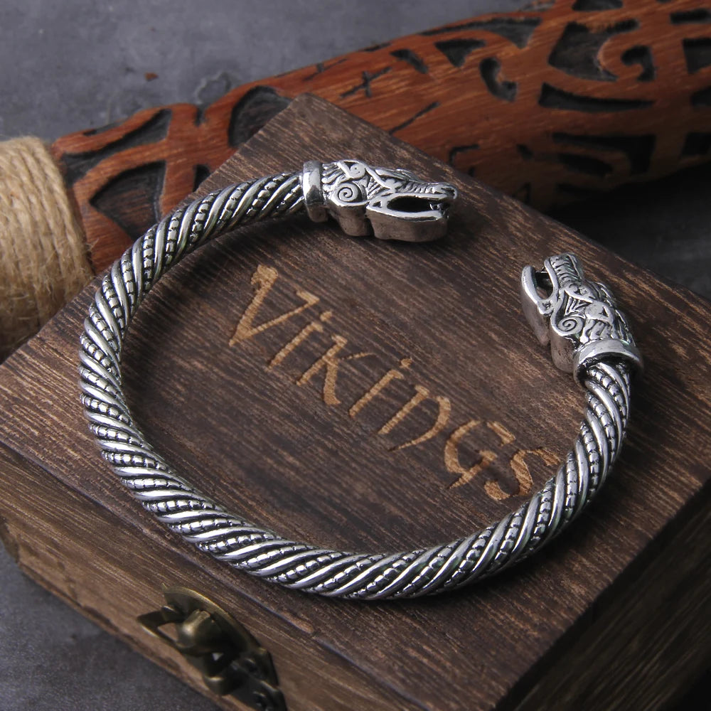 Nordic Viking Dragon Bracelet adjustable Men Wristband Cuff Bracelets with Viking Wooden Box