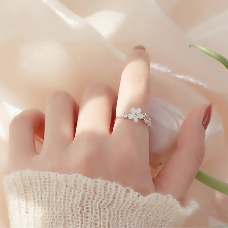 Pink Romantic Flower Rings For Women Shiny Zircon Cherry Blossom Branch Shell Finger Ring Wedding Christmas Aesthetic Jewelry