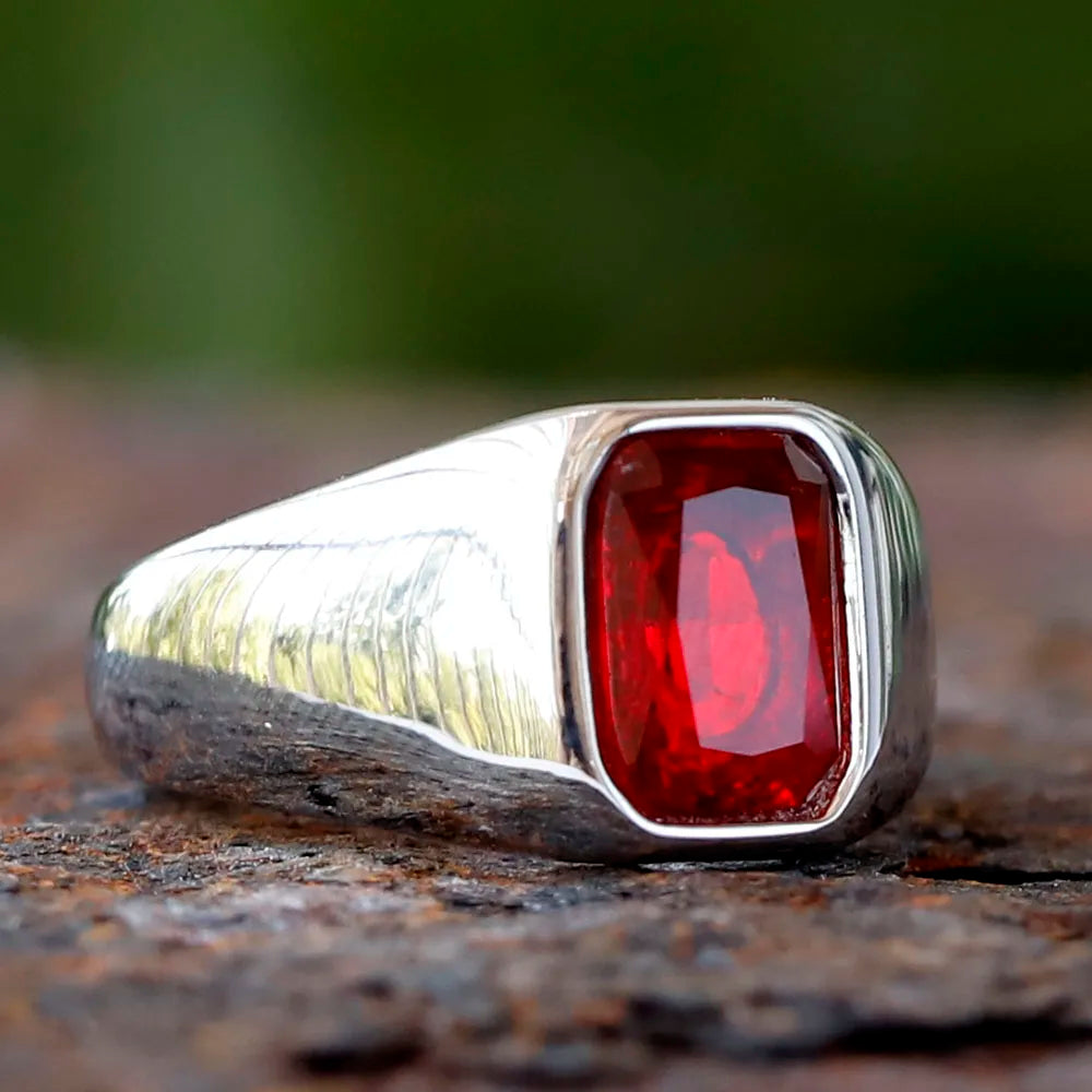 Stainless Steel Fashion Turkey Stone Ring Geometric red Zircon For Anniversary Party Wedding Men's Anels Totem Luxury Jewelry