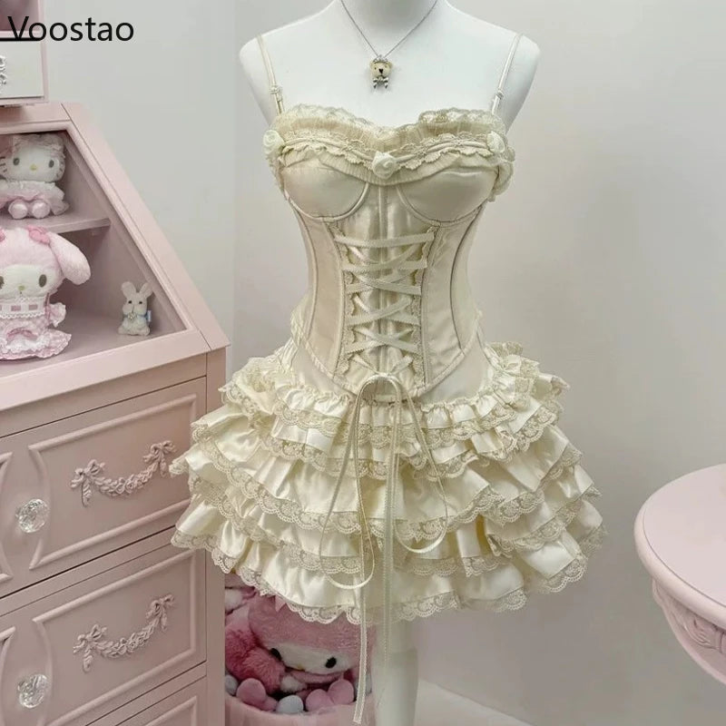 Sweet Harajuku Lolita Princess Skirt Suits Japanese Design Sense Women Bow Tank Tops Mini Cake Skirts Lace Hot Chick 2 Piece Set