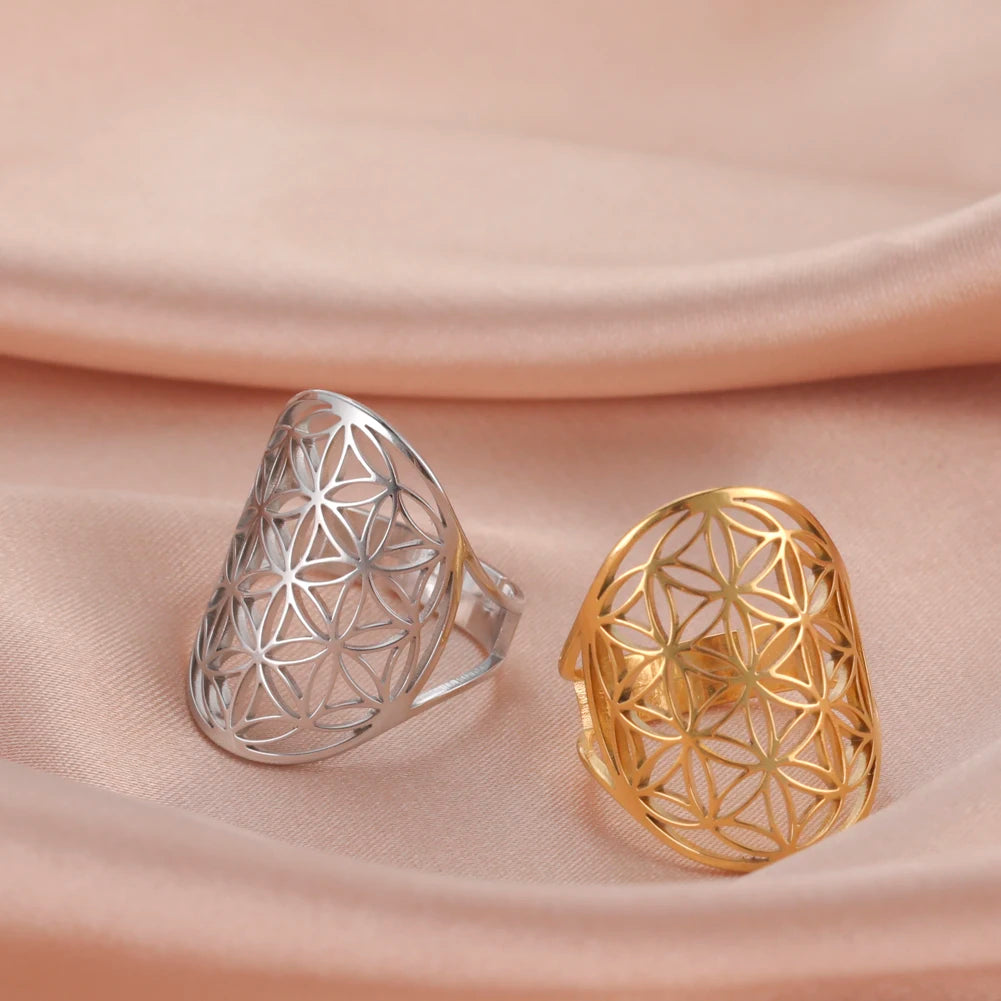 Unift Scared Geometry Flower of Life Ring Adjustable Stainless Steel Ring Men Women Accessories Vintage Filigree Viking Jewelry - Madeinsea©