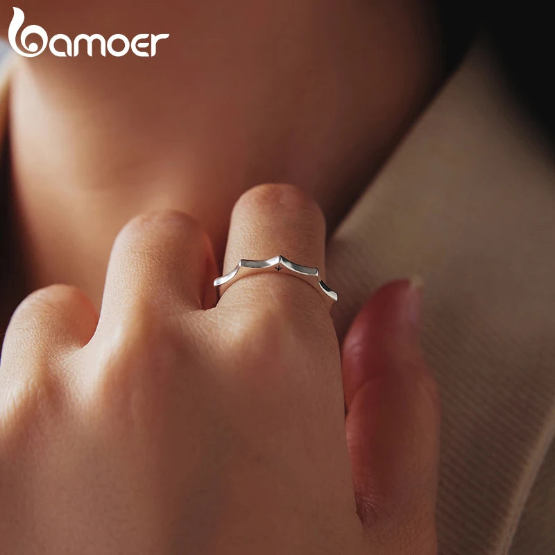 BAMOER 925 Sterling Silver Curved Sun Ring Engraved 'you are my sunshine’ Band Ring Original for Women Simple Statement Gift
