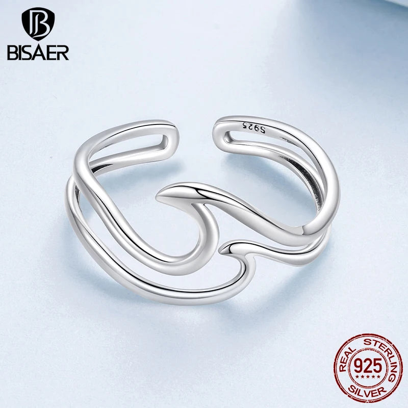 BISAER 925 Sterling Silver Curved Double-layer Open Ring Adjustable Irregular Lines Rings for Women Party Original Fine Jewelry