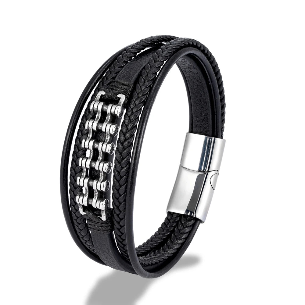MKENDN Locomotive Men Motorcycle Bracelet Woven Multilayer Braided Leather Bracelets For Women Retro Stainless Steel Jewelry