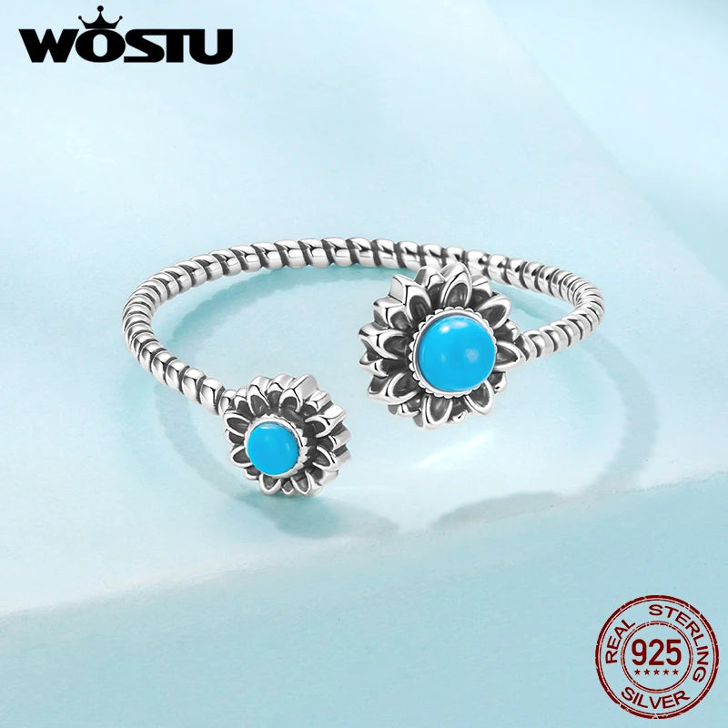 WOSTU 925 Sterling Silver Vintage Turquoise Sunflower Ring Stacking Simple Flower Opening Rings Jewelry Gift For mom Love Family
