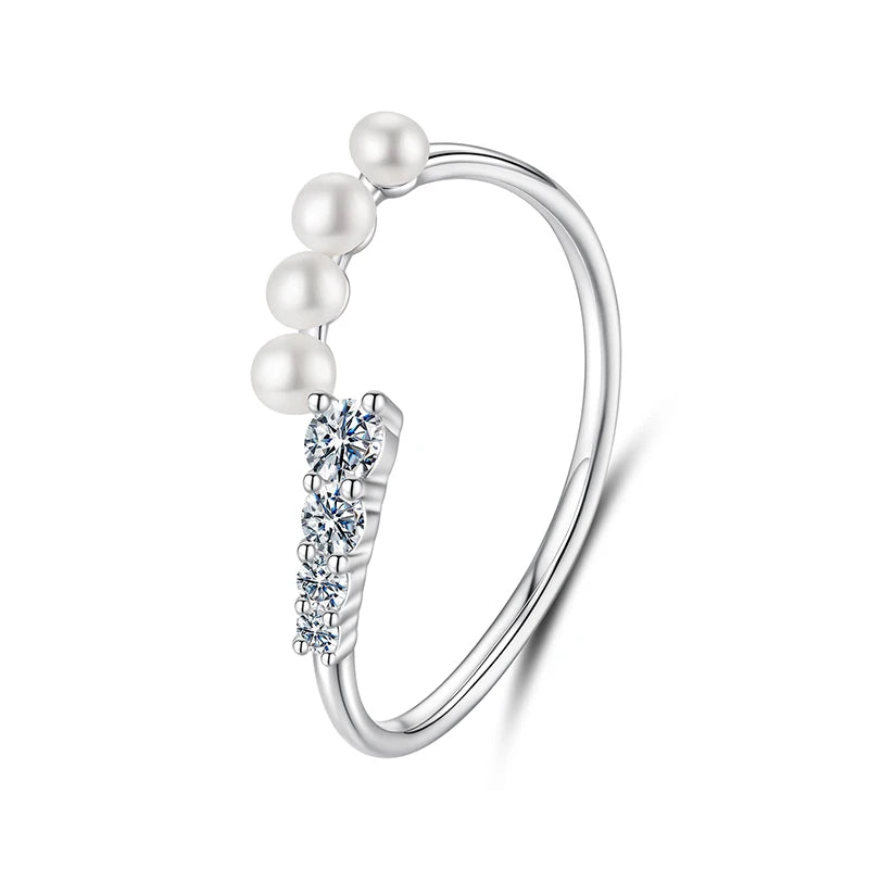 BAMOER Süßwasserperlen-Moissanit-Ring mit 4 Steinen in verschiedenen Größen, rund geschliffenen Labordiamanten, 925er Sterlingsilber, eleganter Schmuck für Damen