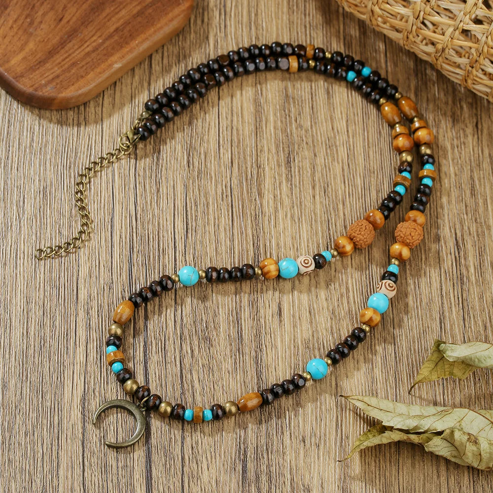 1PC INGX Men's Ethnic Style Africa Stone Necklace for Men Hippie Bohemia Long Beaded Necklace Man Tribal Jewelry Collar Hombre