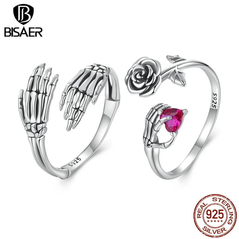 BISAER Bague ouverte en argent sterling 925 véritable avec motif de squelette rose vintage, taille réglable, pour femme, bijoux fins de fête