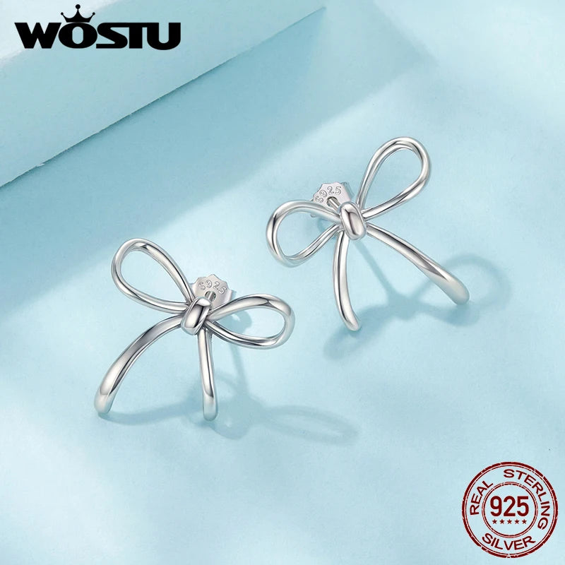 WOSTU Real 925 Sterling Silver Big Bow Stud Earrings For Women Wedding Party Jewelry Bowknot Ear Studs Girl Birthday Gift 18mm