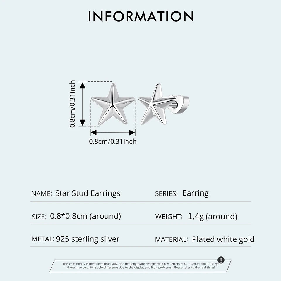WOSTU Solid 925 Sterling Silver Star Stud Earrings For Women, s925 European Simple Geometric Ear Studs Original Jewelry Gift