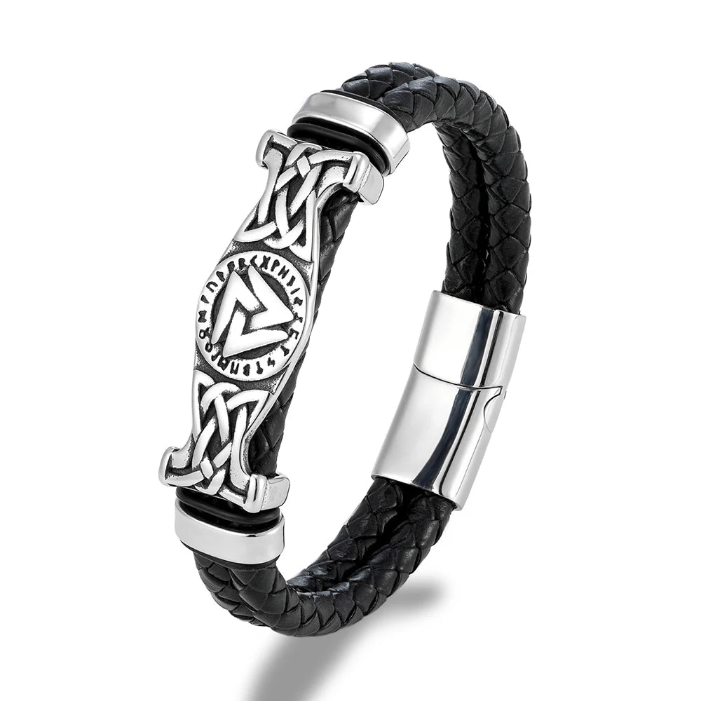 MKENDN Norse Viking Style Stainless Steel Compass Runes Amulet Braided Doublelayer Red Black Leather Bracelet Homme Pulseras