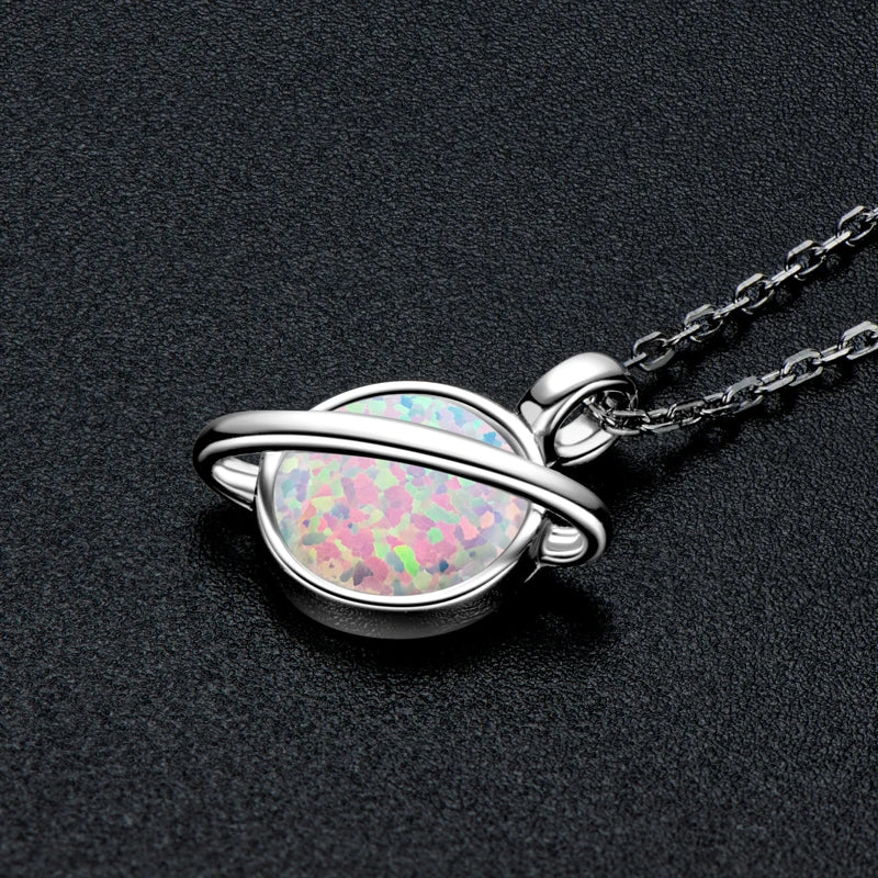 8mm Round White Fire Opal Fashion Planet Necklace Classic 925 Sterling Silver Ladies Pendant Necklace for Women Exquisite Gift