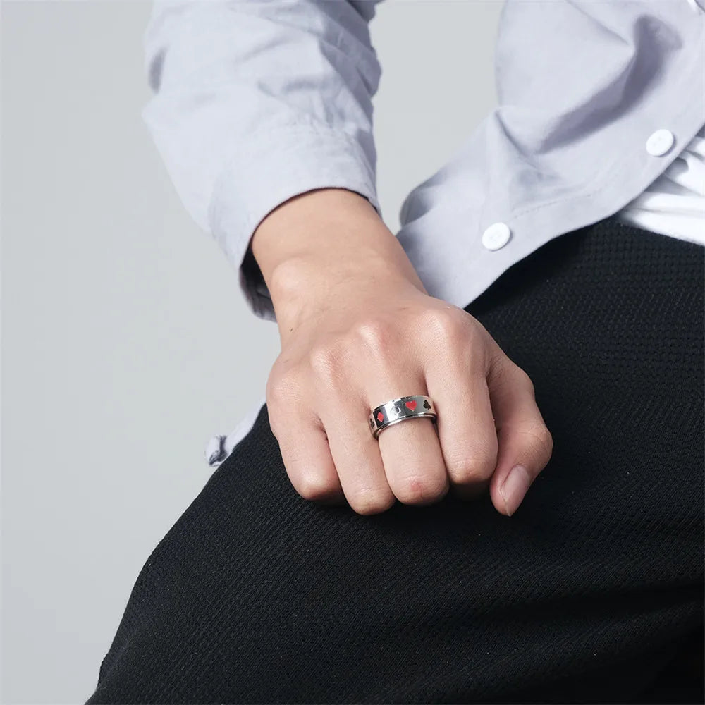 MKENDN Gothic Punk Playing Cards Stainless Steel Rotatable Ring for Men Lucky Poker Hip-hop Finger Jewelry Gifts