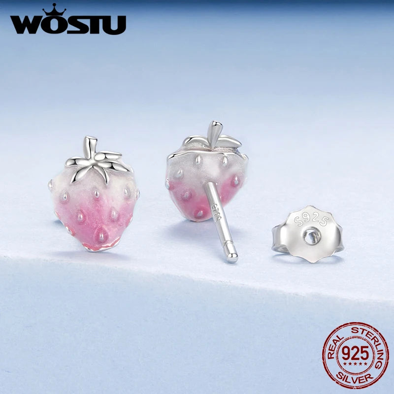WOSTU 925 Sterling Silver Cherries Earring Strawberry Piercing Red Apple Banana Fruit Cute for Women Birthday Daily Fine Jewelry