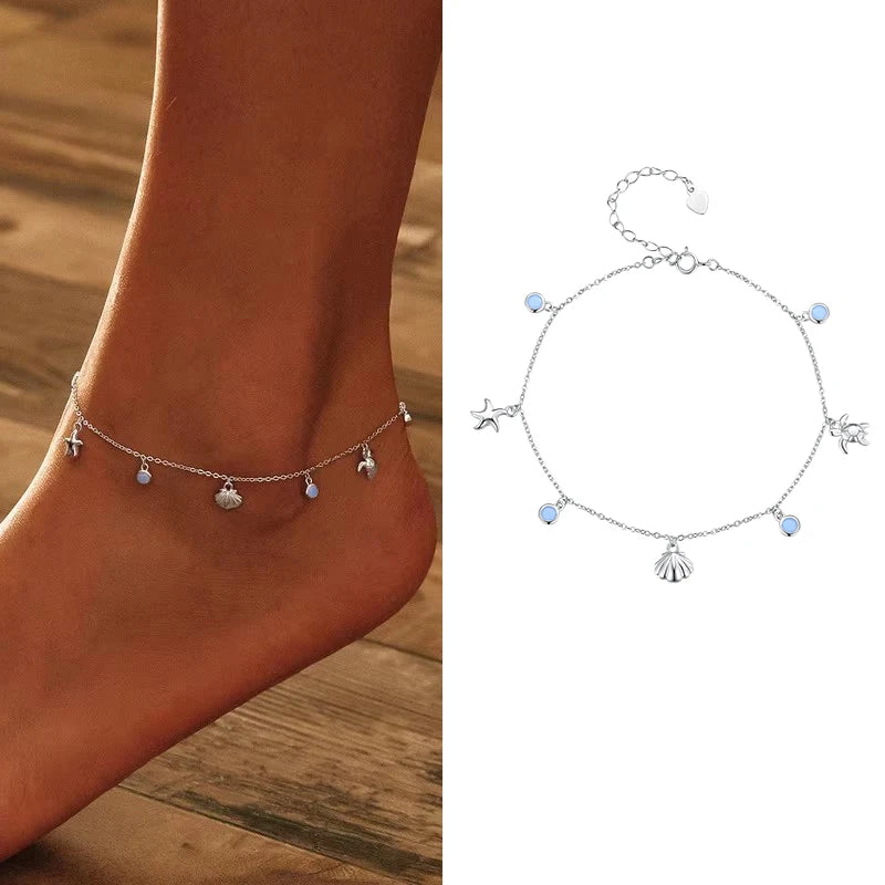 WOSTU 925 Sterling Silver Turtle Starfish Anklet Foot Jewelry for Women Pearl Zircon  Summer Beach Anklets Holiday Jewelry Gift