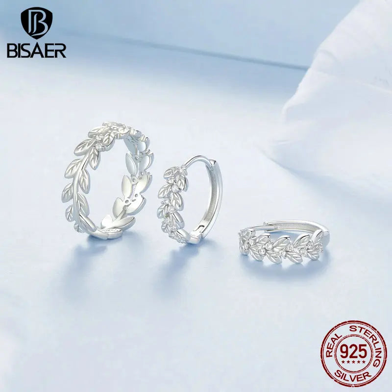 BISAER Bague ouverte en argent sterling 925 avec feuilles Boucles d'oreilles créoles simples en feuilles Plaqué or blanc pour femmes Ensemble de bijoux fins de fête Cadeau