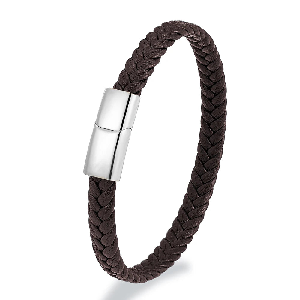 MKENDN Simple Classic Stainless Steel Bracelet for Women Men Genuine Braided Leather Bangles Special Couple Jewelry Gift