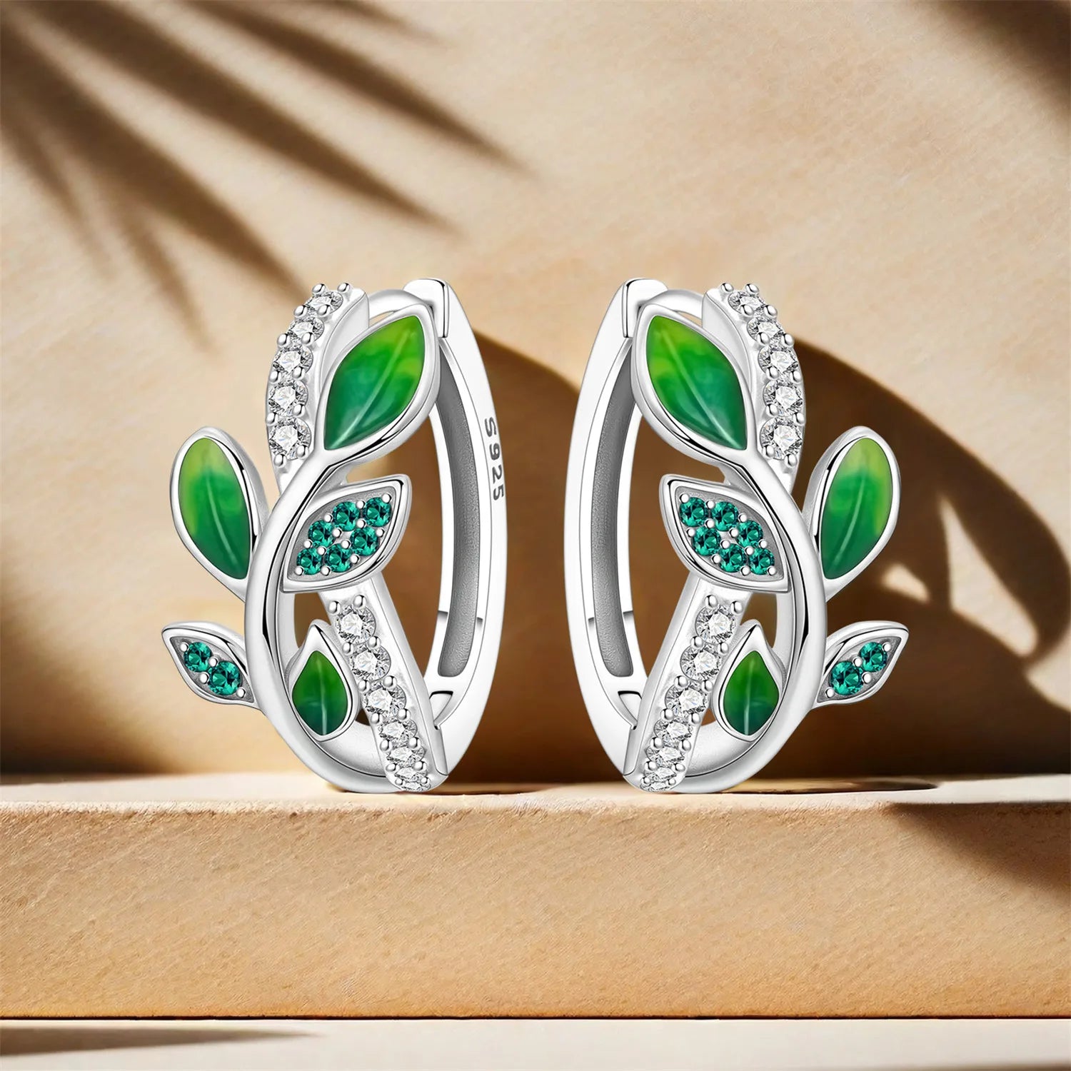PANPOKI Original 925 Sterling Silver Green Zircon Leaves Earrings Women Hoop Earring Anniversary Jewelry Trendy Gifts