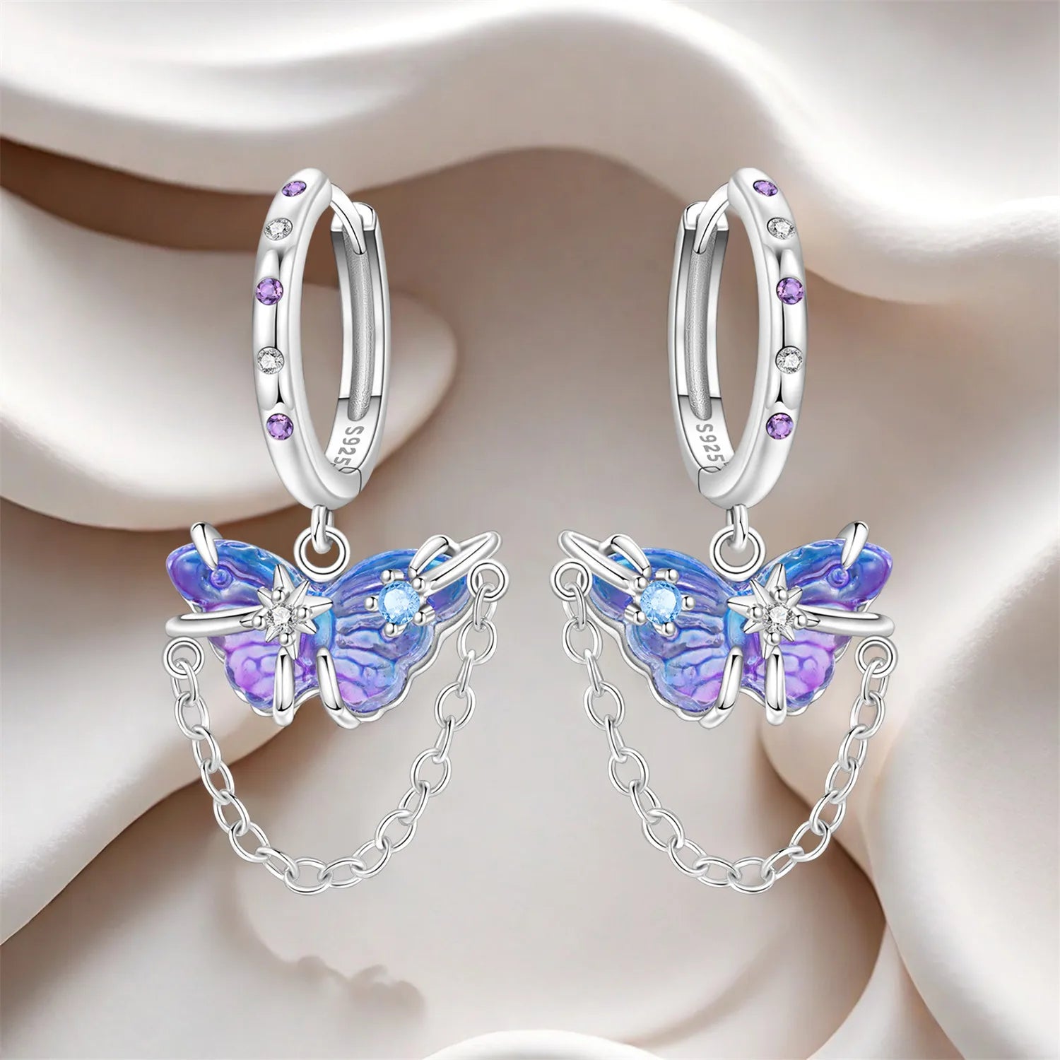 PANPOKI 925 Sterling Silver Purple Butterfly Insect Drop Earrings Women Earrings Charm Fashion Versatile Party Jewelry Gifts