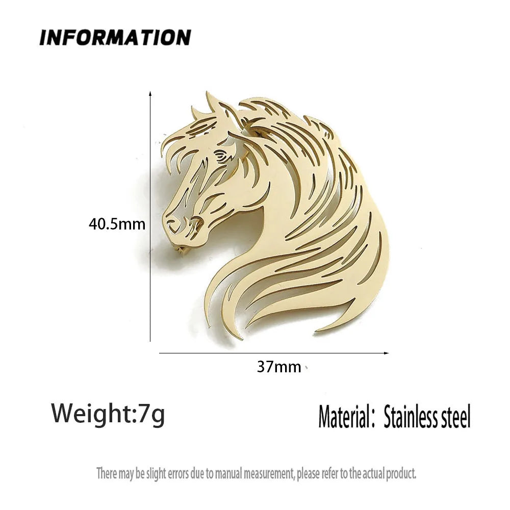 Original innovative horse head hollow stainless steel gold-plated 18K brooch, suit lapel pin, waterproof formal fittings